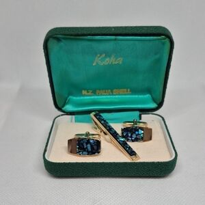 KOHA Vintage New Zealand Paua Shell Cufflinks and Tie Bar Clip Set